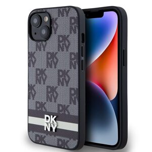 Pouzdro DKNY PU Leather Checkered Pattern and Stripe Apple iPhone 14 Black