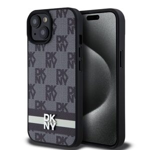 Pouzdro DKNY PU Leather Checkered Pattern and Stripe Apple iPhone 15 Black
