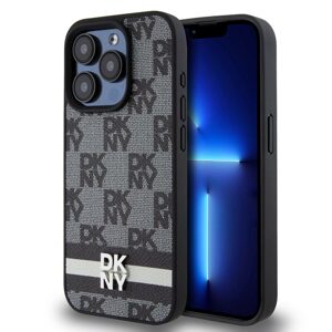 Pouzdro DKNY PU Leather Checkered Pattern and Stripe Apple iPhone 15 PRO Black