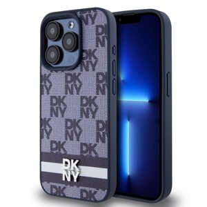 Pouzdro DKNY PU Leather Checkered Pattern and Stripe Apple iPhone 15 PRO Blue