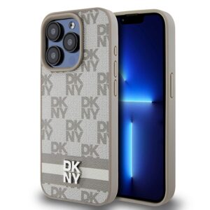 Pouzdro DKNY PU Leather Checkered Pattern and Stripe Apple iPhone 14 PRO Beige
