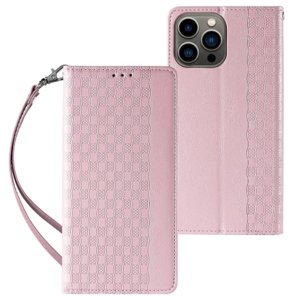 MG Magnet Strap knížkové kožené pouzdro na iPhone 13 Pro, růžové