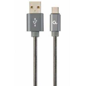 Kabel CABLEXPERT USB 2.0 AM na Type-C kabel (AM/CM), 1m, metalická spirála, šedý, blister, PREMIUM QUALITY; CC-USB2S-AMCM-1M-BG